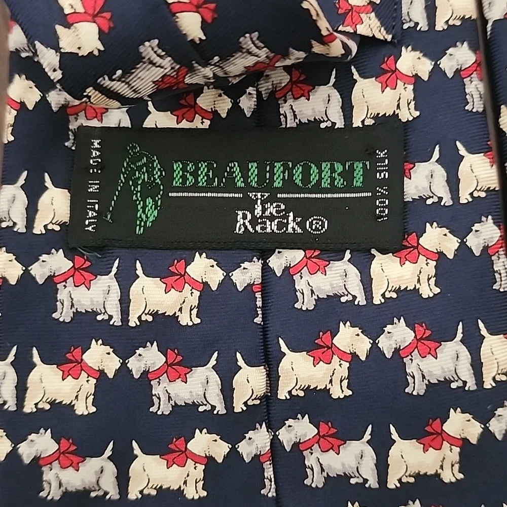 VINTAGE BEAUFORT Silk Dog Print Tie Navy Preppy Mens Necktie Yorkie Terrier